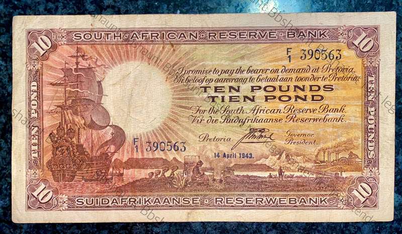 J POSTMUS 10 POUND 14TH APRIL 1943 - F1 - VAN RIEBEECK WTM E/A FIRST ISSUE