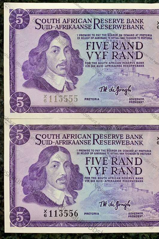 REPLACEMENT NOTE TW DE JONGH R5 IN SEQ X6 /113555-556 UNC 1ST ISSUE 1967 SPRINGBUCK WTM(I BID FOR AL