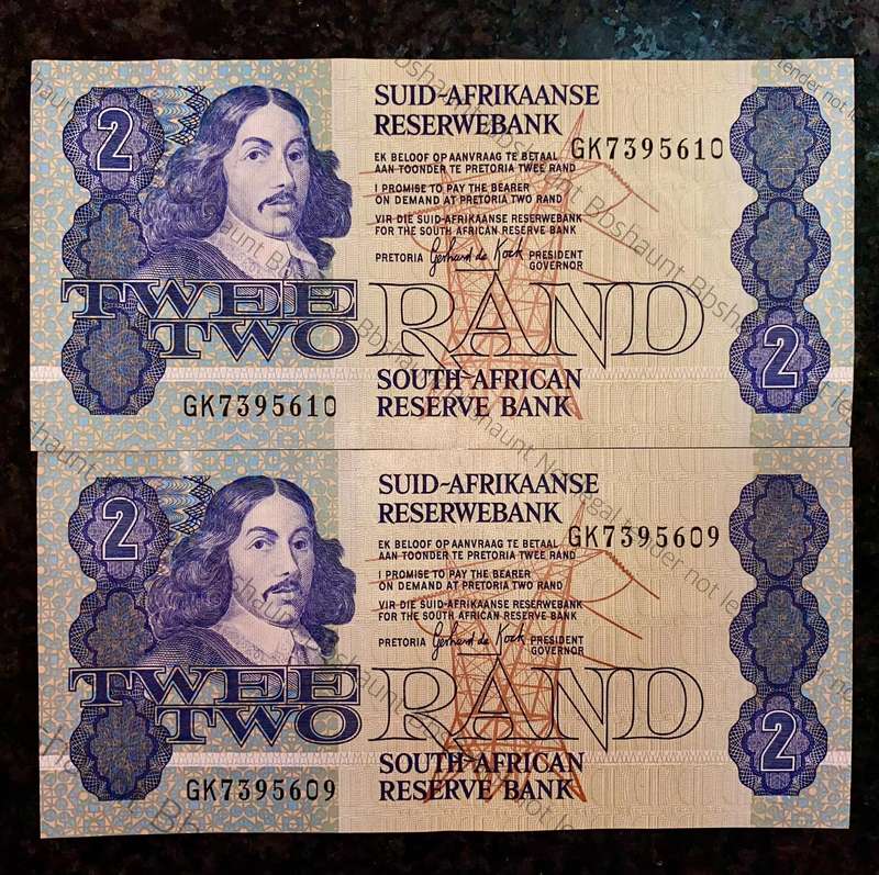 GPC De Kock. R2 in sequence GK7395610-609 unc-aunc 3rd issue 1984 (1 bid takes all )