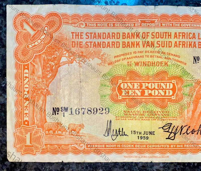 South West Africa 1 pound 15th June 1959 Standard Bank