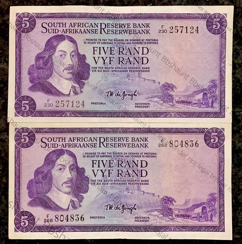 Tw De Jongh. R5 Springbuck & Van Riebeeck wtm 1967-1975 (1 bid takes all)