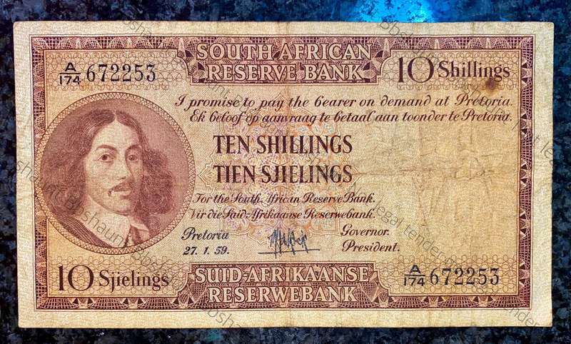 Mh De Kock. 10 shillings 27-1-1959 -- A174