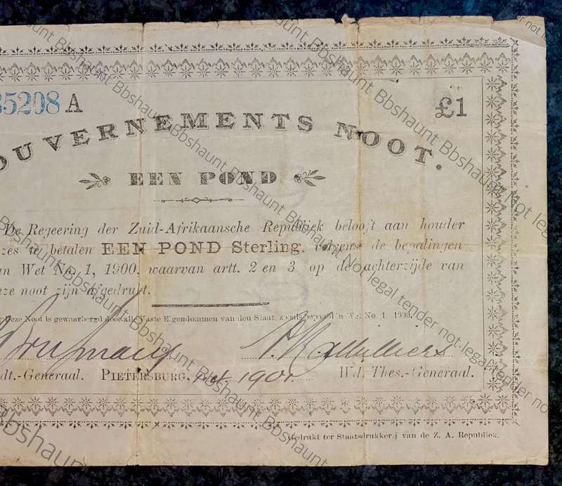Z.A.R Pietersburg 1 pound Government Noot 1901 wtm Oceana extra strong (1 bid takes all)