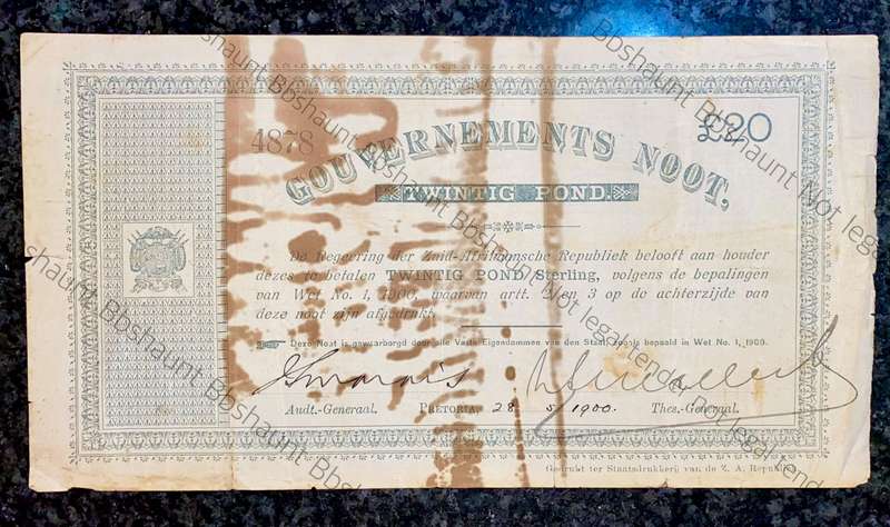 Z.A.R Pretoria 20 pounds Government noot 28-05-1900 without prefix no - spade border