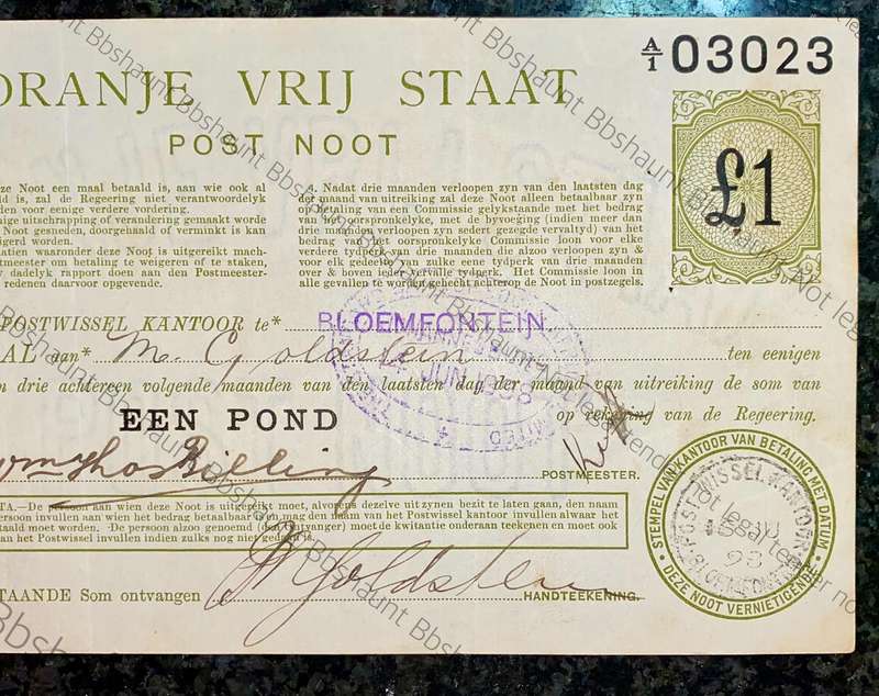 Z.A.R Oranje Vrij Staat 1 pound stamped Bloemfontein 14th June 1898 A1 /03023 Post Noot