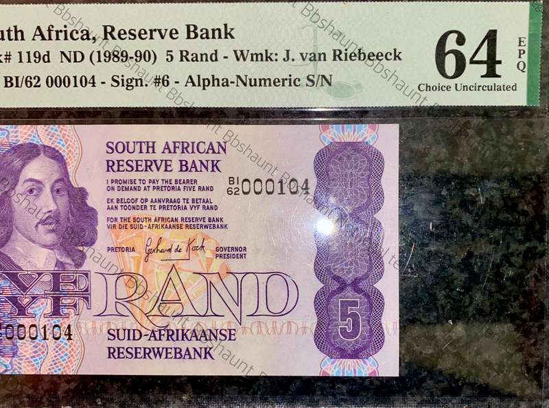 GPC De Kock Graded Low Matching No -000104 First Issue R20, R10 & R5 Graded Gem UNC EPQ 66 & 64 PMG
