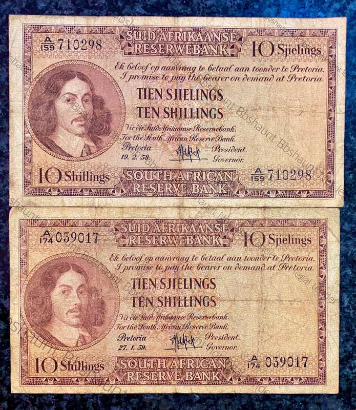 Mh De Kock. Set 10 shillings 1958 A159 & 1959 A174 (1 bid takes all)