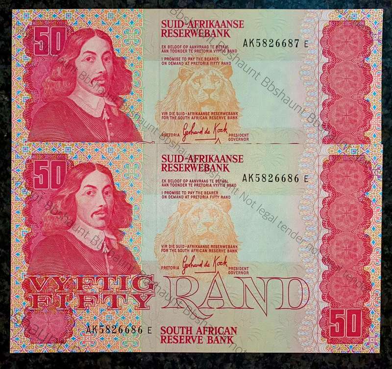 GPC De Kock. R50 in sequence AK5826686-687 UNC 3rd issue 1984--(1 bid takes all)