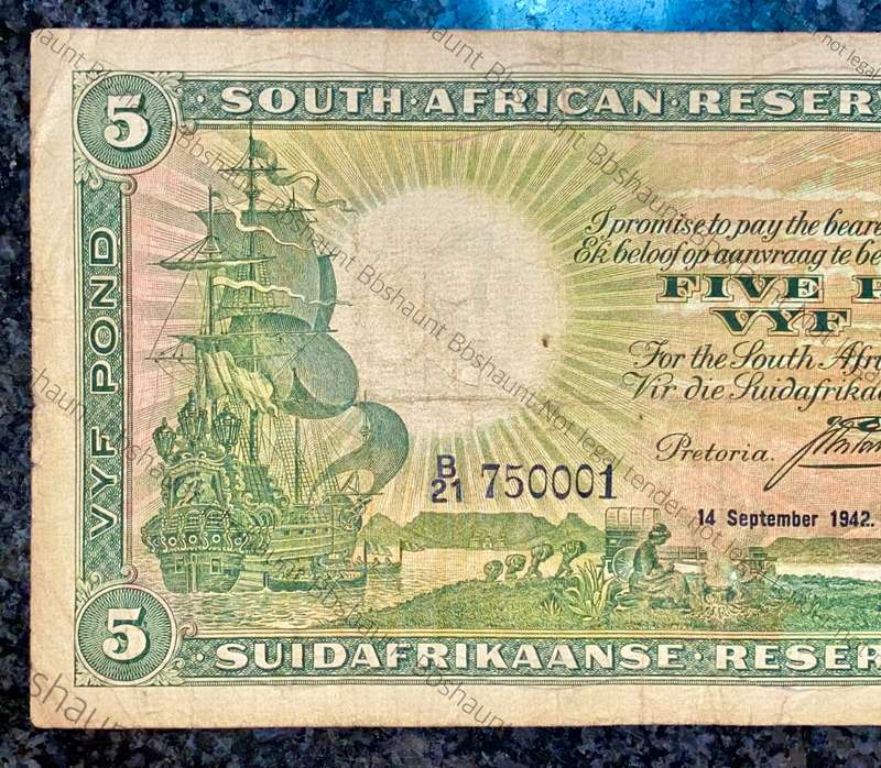J POSTMUS 5 POUND 14TH SEPTEMBER 1942 E/A B21 /750001 FIRST ISSUE VAN RIEBEECK WTM