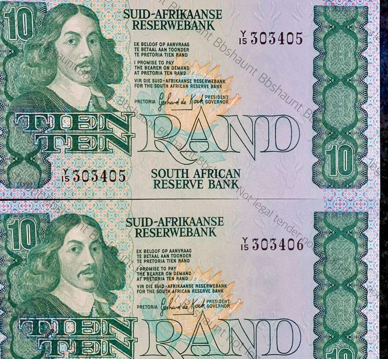 Replacement Note. GPC De Kock R10 in seq Y15 /303405-406 aunc 2nd issue 1982(1 bid takes all)