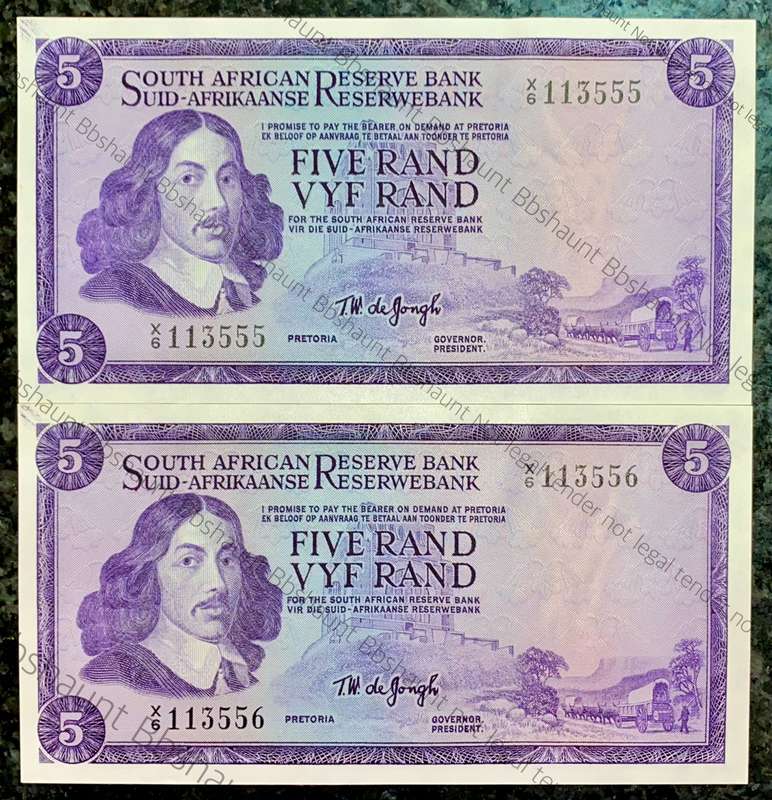 REPLACEMENT NOTE TW DE JONGH R5 IN SEQ X6 /113555-556 UNC 1ST ISSUE 1967 SPRINGBUCK WTM(I BID FOR AL