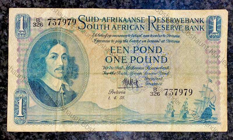 Mh De Kock. 1 pound Pretoria 1-4-1958 -- B326