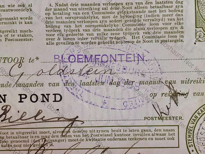Z.A.R Oranje Vrij Staat 1 pound stamped Bloemfontein 14th June 1898 A1 /03023 Post Noot