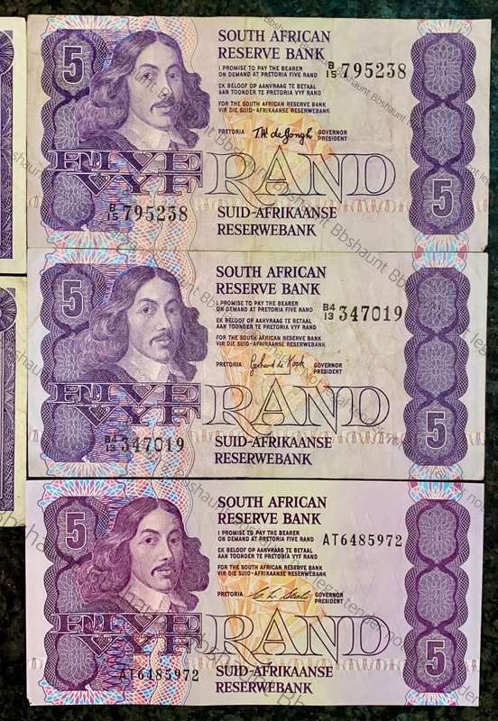 SET OF R5 NOTES ALL GOVERNORS FROM 1966-1990 - G RISSIK, TW DE JONGH, DE KOCK & STALS(1 BID TAKES AL