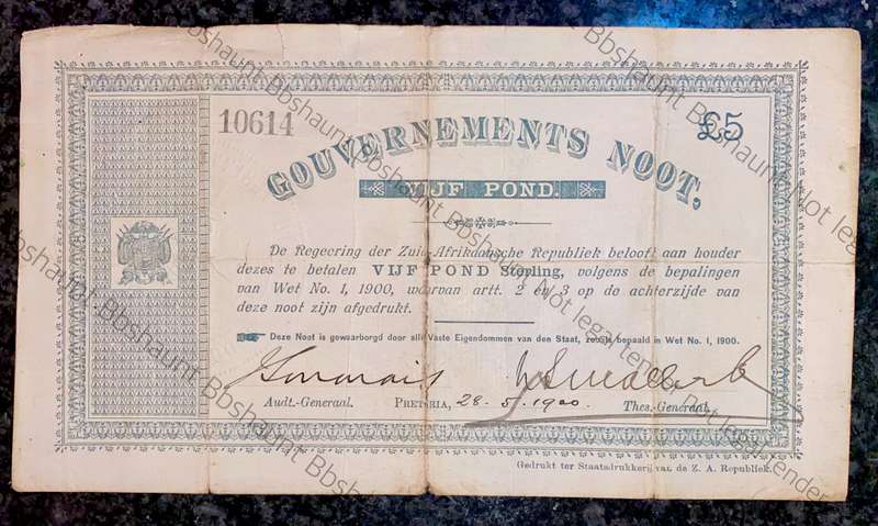 Z.A.R Pretoria 5 pound Government Noot wtm FLEUR DE LIS -missing NO prefix- 10614 spade Boarder