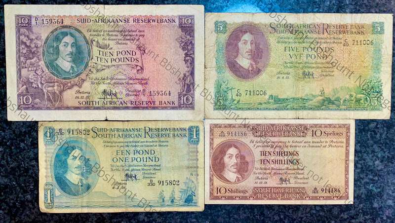 MH DE KOCK SET 10 POUND 1952, 5 POUND 1955, 1 POUND 1958 & 10 SHILLINGS 1958 (1 BID TAKES AL