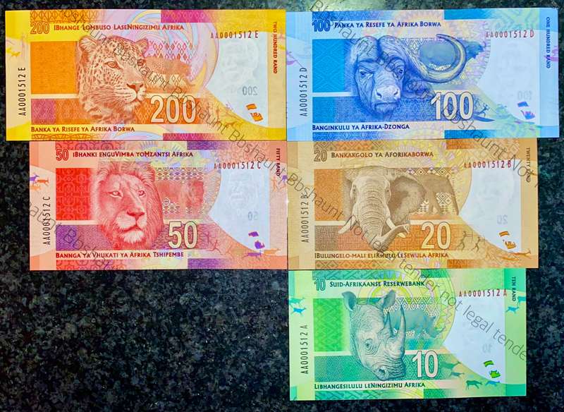 COMPLETE SET LOW NO AA0001512 GILL MARCUS R200 TO R10 UNC 2ND ISSUE 2012(MANDELA WTM) 1 BID TAKES AL
