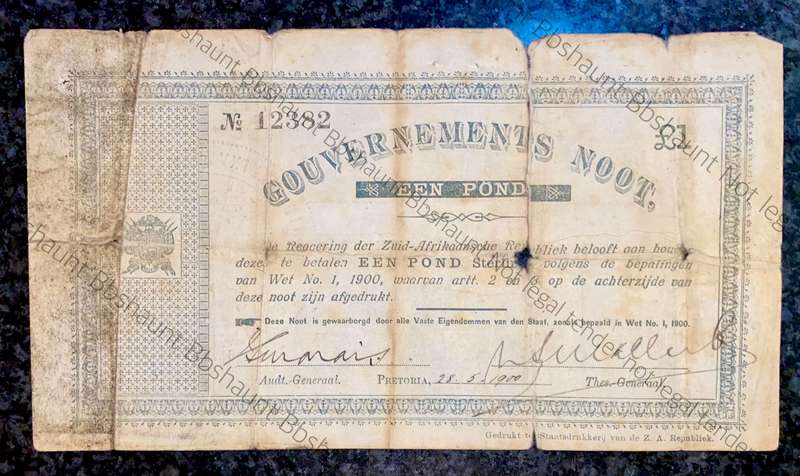 Z.A.R Pretoria 1 pound Government Noot 1900 wtm star boarder no12382