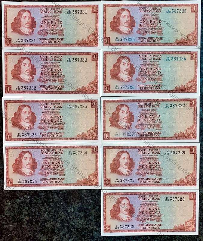 TW De Jongh. R1 in sequence B598 /387221-229 unc-aunc 3rd issue 1975 (1 bid takes all 9)