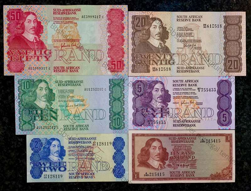 Complete set GPC De Kock & decimals R50 TO R2 good condition 1980s(R1 de Jongh 1975)(1 bid takes all