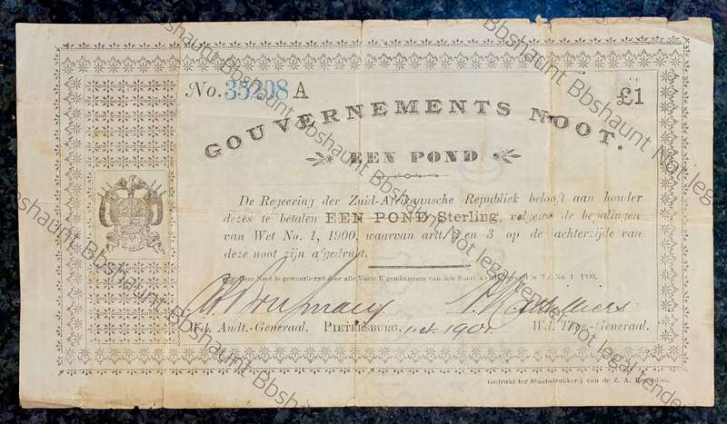 Z.A.R Pietersburg 1 pound Government Noot 1901 wtm Oceana extra strong (1 bid takes all)
