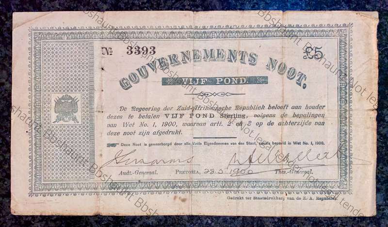 Z.A.R Pretoria 5 pound Government Noot 28-5-1900 low number 3393 Star Boarder