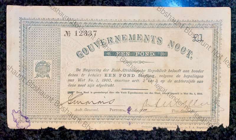 Z.A.R Pretoria 1 pound Government Noot 28-5-1900 -- no12337 Star Boarder