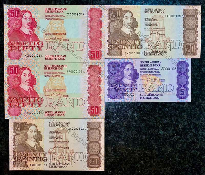 SOUTH AFRICA SET LOW MATCHING NO -- 0000102 -- R50 - R20 & R5 + REPLACEMENTS XX0000102 ALL GEM UNC
