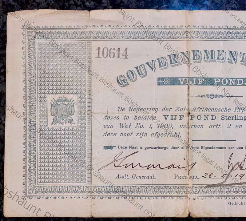 Z.A.R Pretoria 5 pound Government Noot wtm FLEUR DE LIS -missing NO prefix- 10614 spade Boarder