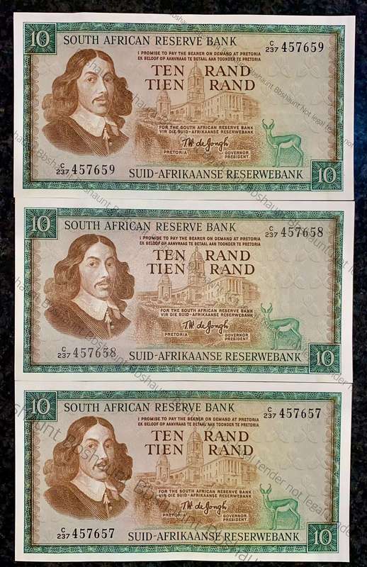 Tw De Jongh. R10 in sequence C237/ 4357657-659 -- 1st issue 1967 springbuck wtm (1 bid takes all)