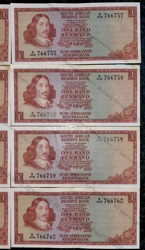 TW De Jongh. R1 in sequence B406 /766753-760 unc-aunc 3rd issue 1975 (1 bid takes all )