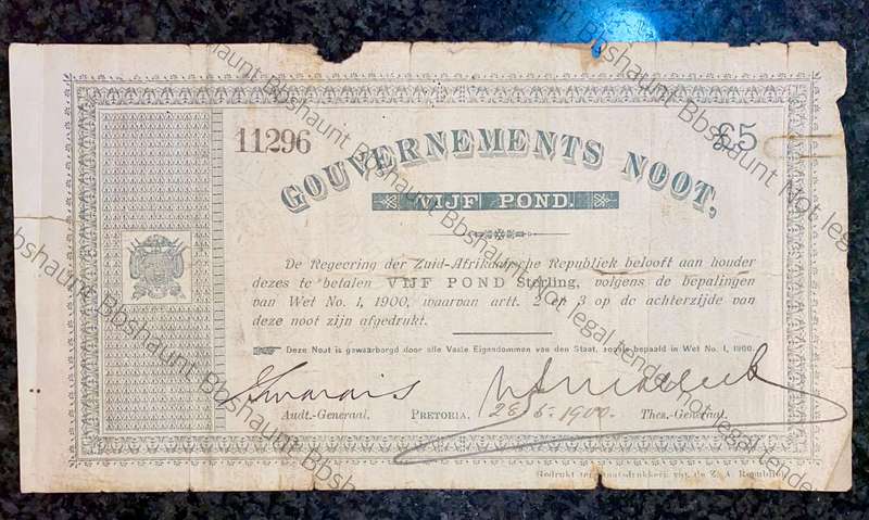 Z.A.R Pretoria 5 pound Government Noot wtm Cape of Good hope -missing NO prefix- 11296 spade Boarder