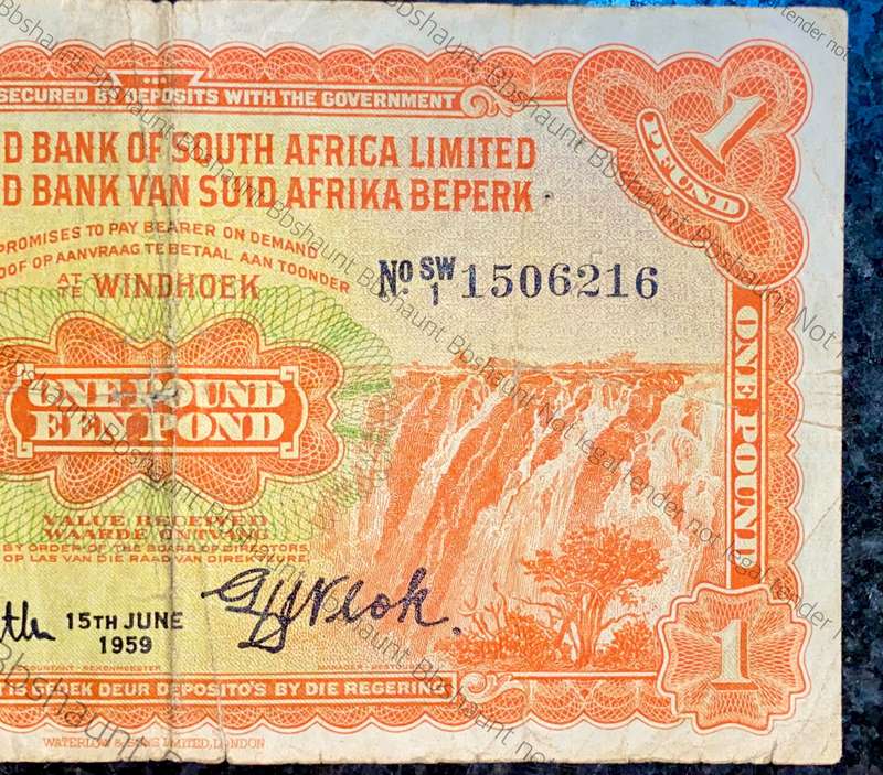 South West Africa 1 pound 15th June 1959 Standard Bank