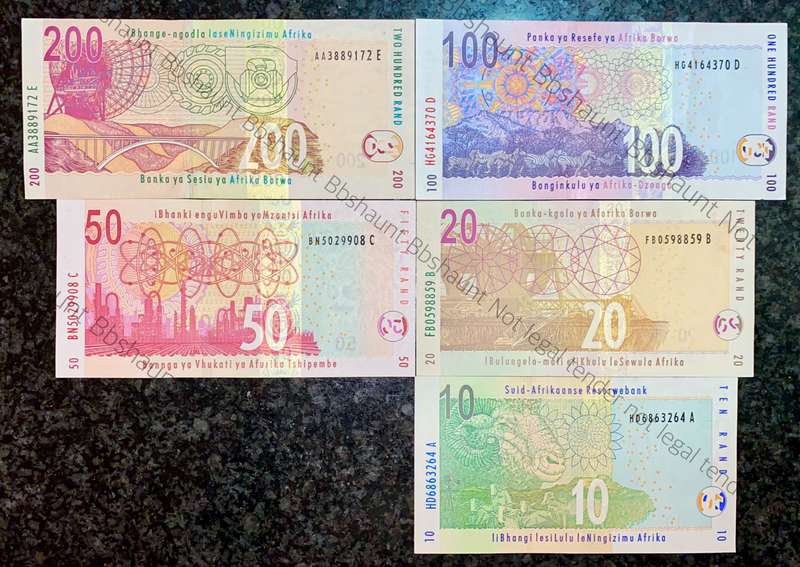 COMPLETE SET TT MBOWENI R200 TO R10 -- 2ND ISSUE 2004 UNC-AUNC ANIMALS WTM (1 BID TAKES ALL)
