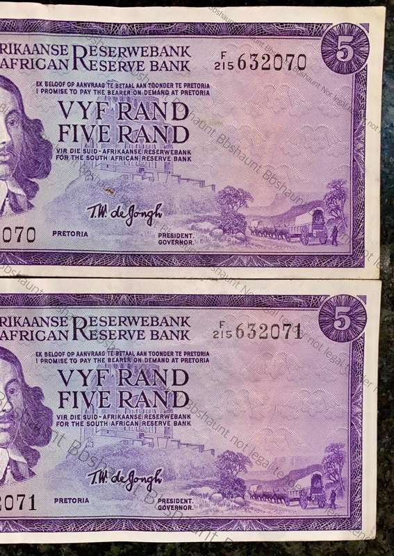 TW De Jongh R5 in seq F215 /632070-071 Springbuck wtm 1st issue 1967(1 bid takes all)