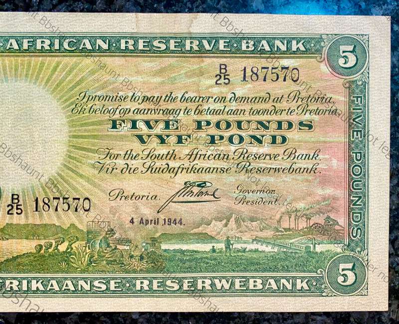 J.POSTMUS 5 POUND 1944 APRIL 4TH  ENG/AFR -- B25-187570 FIRST ISSUE VAN RIEBEECK WTM