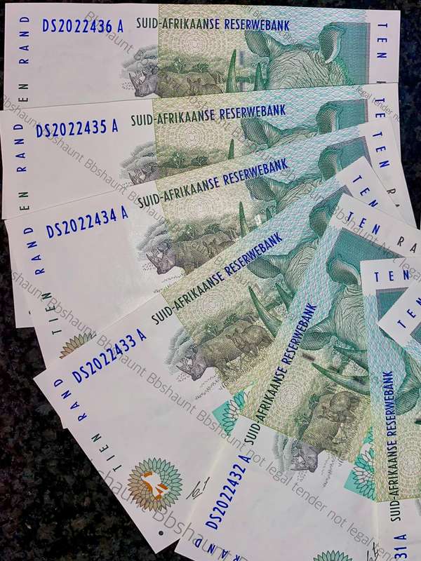 CL Stals. R10 -- in sequence DS2022427-436 rhino wtm 2nd issue 1993 unc-aunc (bid per note)
