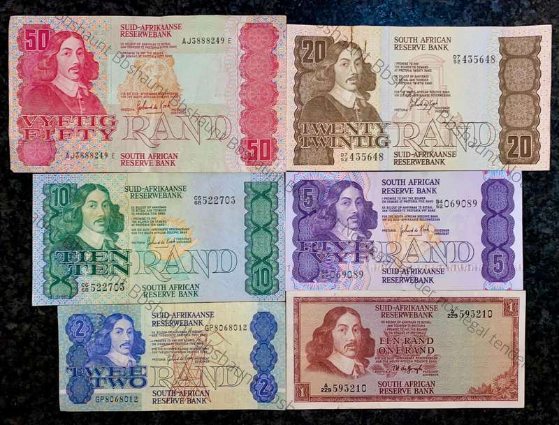Complete Set GPC De Kock & decimals R50 TO R2 - 1980s (R1 de Jongh 1975) (1 bid takes all)