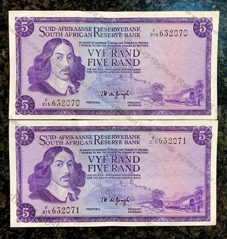 TW De Jongh R5 in seq F215 /632070-071 Springbuck wtm 1st issue 1967(1 bid takes all)