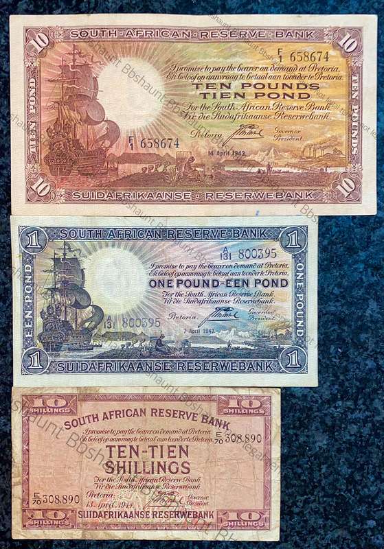 J POSTMUS SET 10 POUND F1 , 1 POUND A131 - 1943 & 10 SHILLINGS E70 - 1944 ALL E/A(1 BID TAKES ALL)