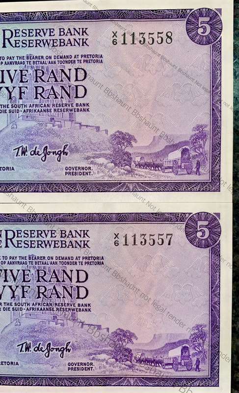 REPLACEMENT NOTE TW DE JONGH R5 IN SEQ X6 /113557-558 UNC 1ST ISSUE 1967 SPRINGBUCK WTM(I BID FOR AL