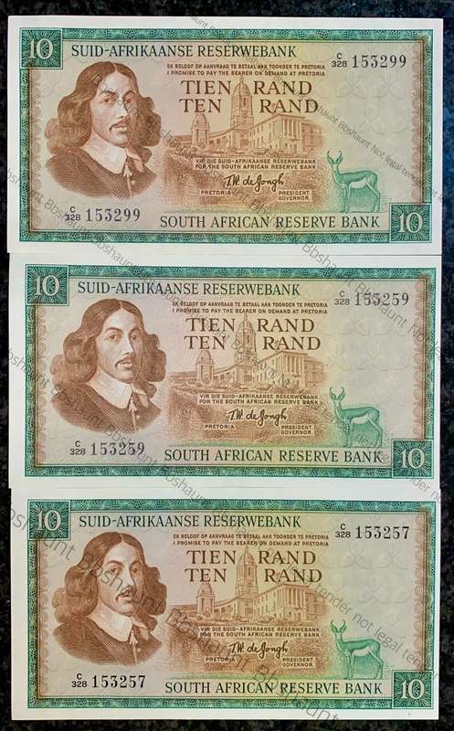 Tw De Jongh unc R10 close in seq c328 /153257 - 259 & 299 (1 bid takes all)