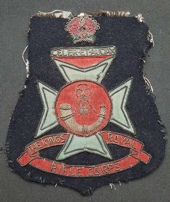 **WW2 British: King's Royal Rifle Corps Embroidered Bullion Blazer Badge (11cm x 10cm).**