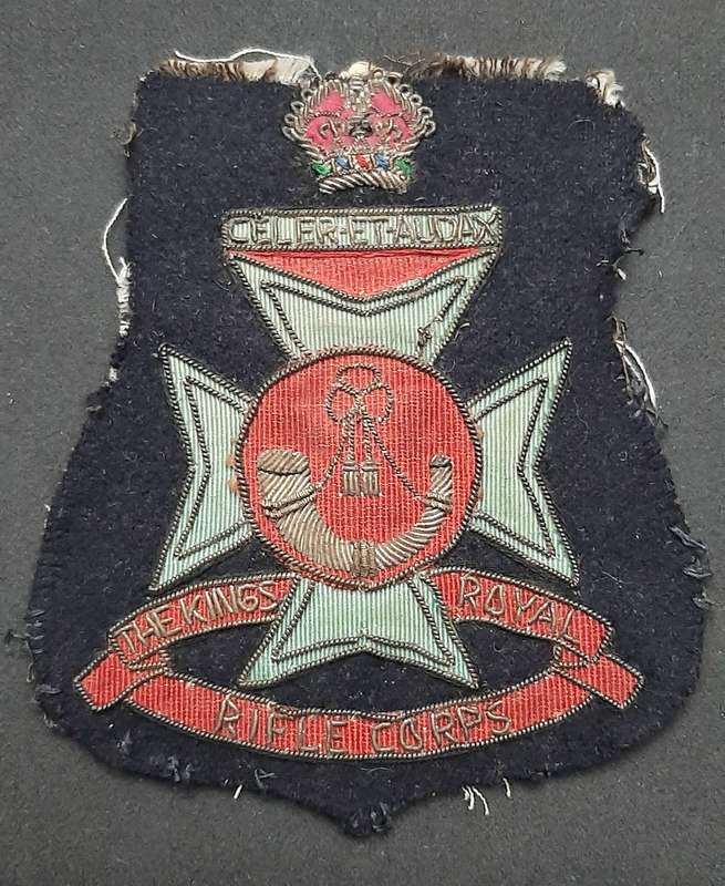 **WW2 British: King's Royal Rifle Corps Embroidered Bullion Blazer Badge (11cm x 10cm).**