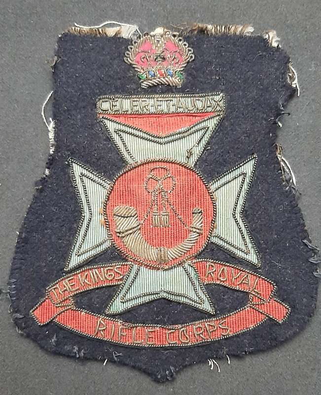 **WW2 British: King's Royal Rifle Corps Embroidered Bullion Blazer Badge (11cm x 10cm).**