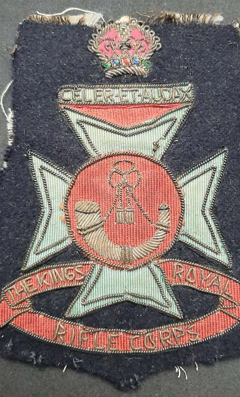 **WW2 British: King's Royal Rifle Corps Embroidered Bullion Blazer Badge (11cm x 10cm).**