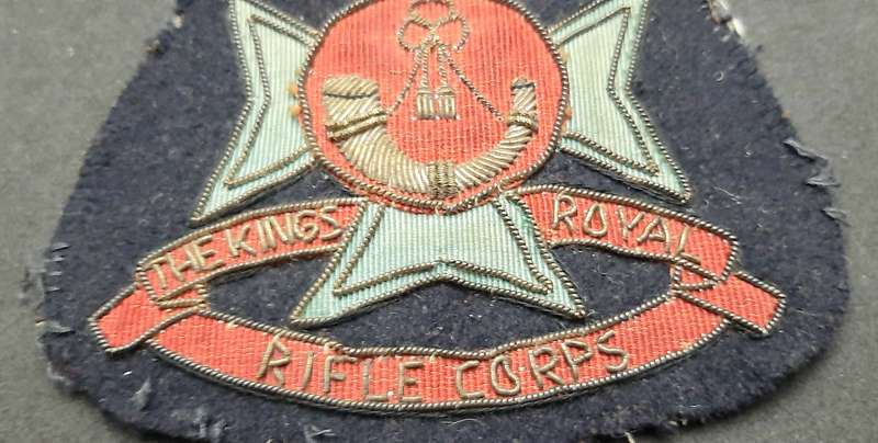 **WW2 British: King's Royal Rifle Corps Embroidered Bullion Blazer Badge (11cm x 10cm).**