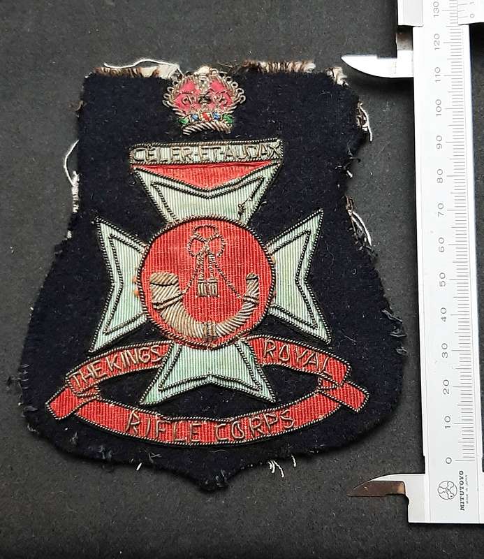 **WW2 British: King's Royal Rifle Corps Embroidered Bullion Blazer Badge (11cm x 10cm).**