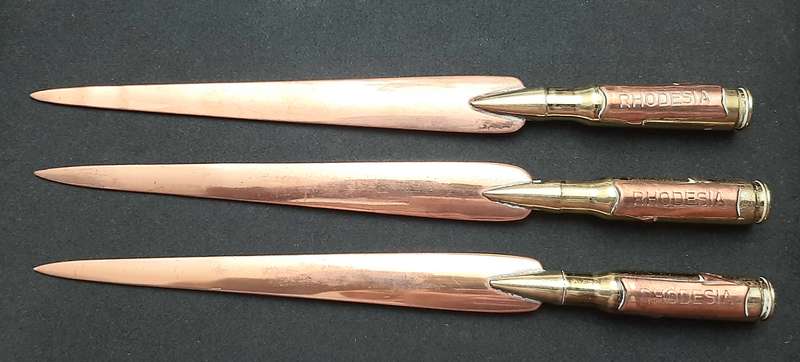 **BID PER ITEM: 1970s Rhodesian Bush War Copper & Brass 7.62mm Letter-Openers [INERT]21cm (USED).**