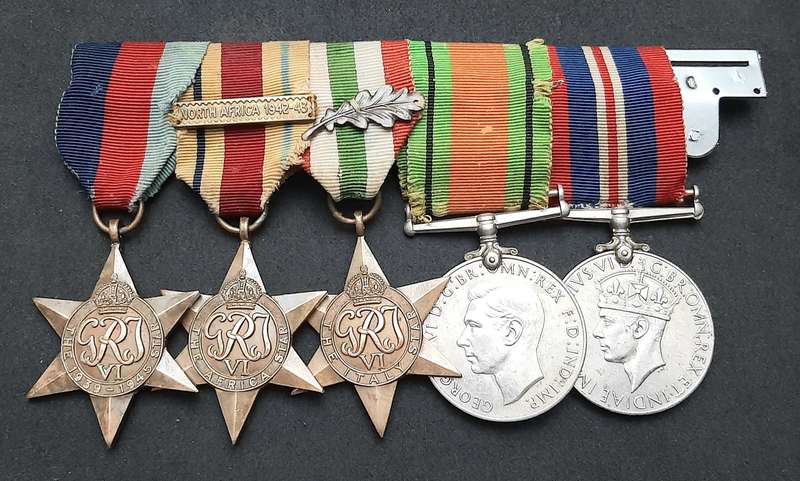 **WW2 British: Full-Size Court Mounted Campaign Medals w/ Commendation & Service Devices (x5)**